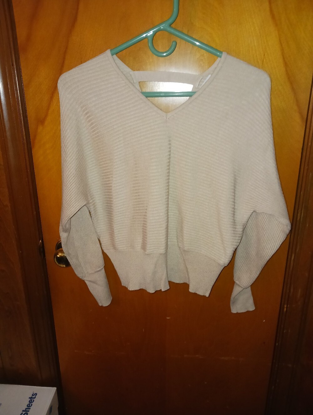 Pink Rose Lightweight Ribbed V-Neck Sweater in Light Beige
